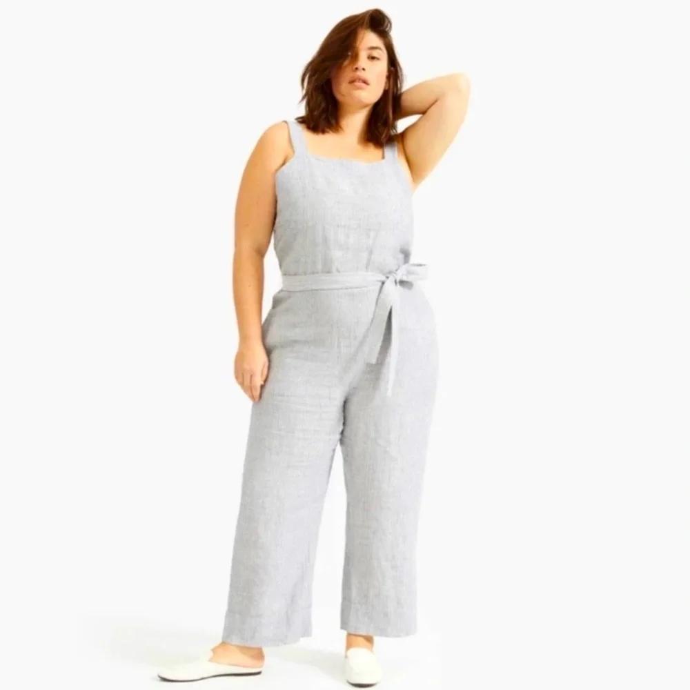 Everlane square neck Women's striped Gray Jumpsuit 100% linen plus Sz 16